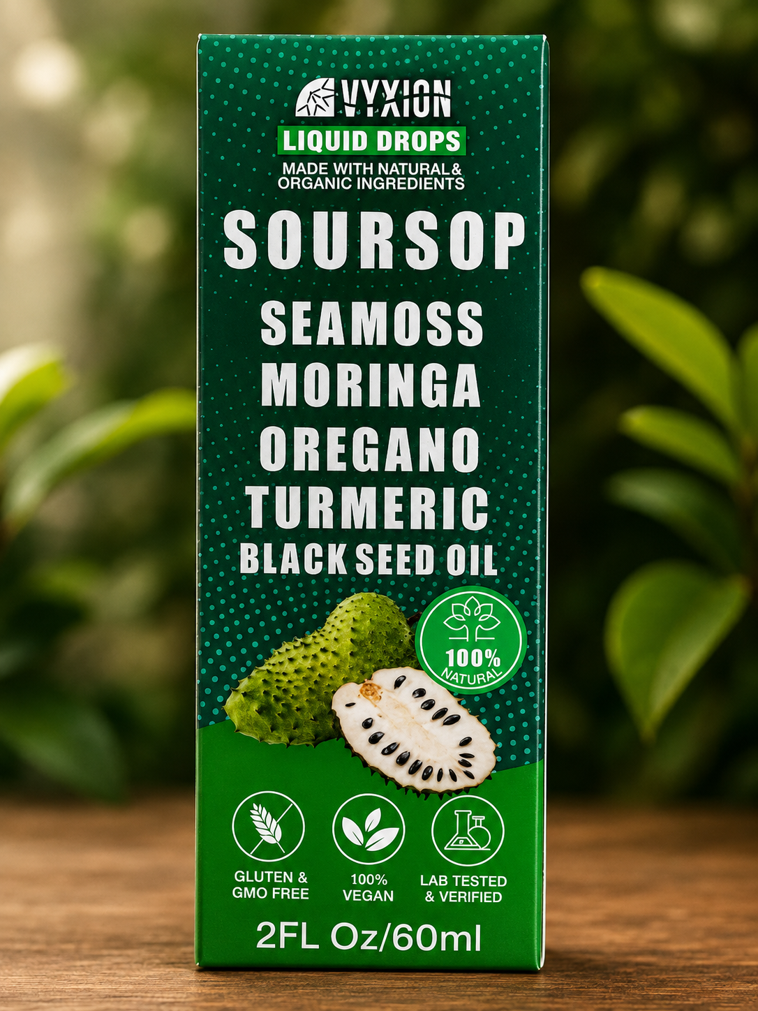 Front of VYXION Soursop Liquid Drops packaging